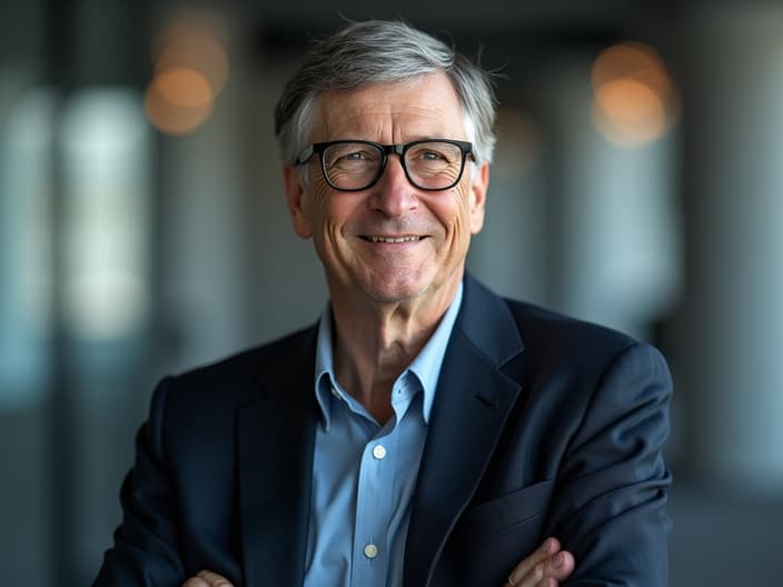 Studio portrait of Bill Gates, tech visionary pose, modern office setting, professional business attire, soft lighting