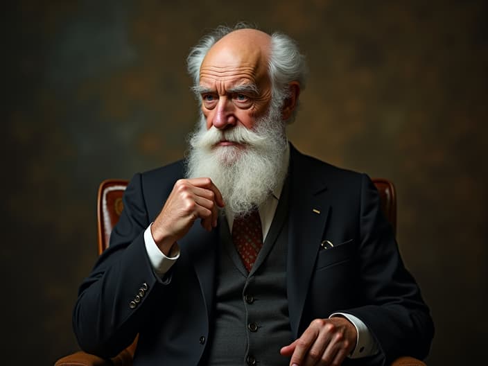 Studio portrait of Charles Darwin, contemplative pose, formal attire, natural history museum backdrop, soft lighting