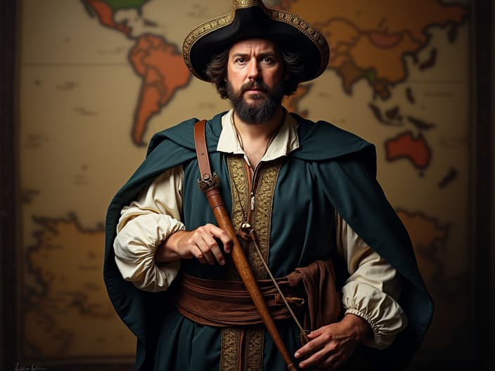 Studio portrait of Christopher Columbus, explorer pose, nautical instruments, map backdrop, dramatic lighting