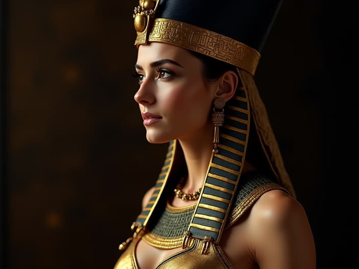 Studio portrait of Cleopatra, ancient Egyptian queen, regal pose, golden headdress, dramatic lighting, high resolution