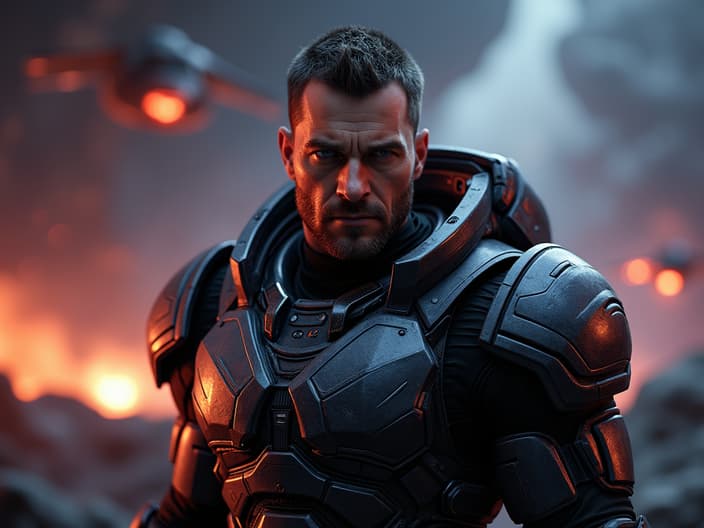 Studio portrait of Commander Shepard, Mass Effect armor, space battle backdrop, cinematic lighting