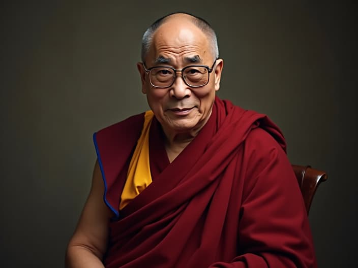 Studio portrait of Dalai Lama, contemplative pose, traditional Tibetan clothing, simple background, soft lighting