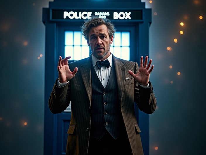 Studio portrait of Doctor Who, eccentric pose, TARDIS backdrop, sci-fi lighting effects