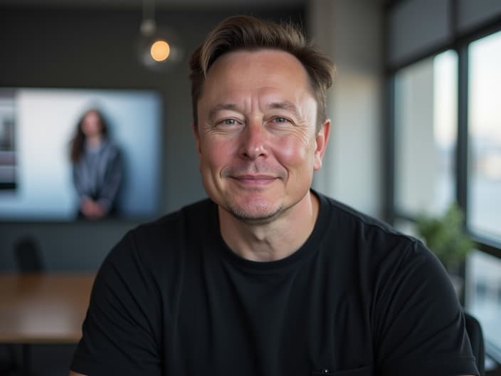 Studio portrait of Elon Musk, visionary pose, SpaceX office backdrop, casual attire, soft lighting