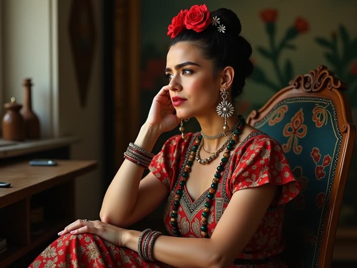 Studio portrait of Frida Kahlo, contemplative pose, traditional Mexican clothing, art studio backdrop, soft lighting