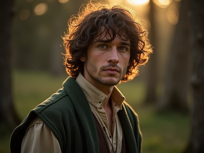 Studio portrait of Frodo Baggins, hobbit attire, One Ring visible, Shire backdrop, warm fantasy lighting