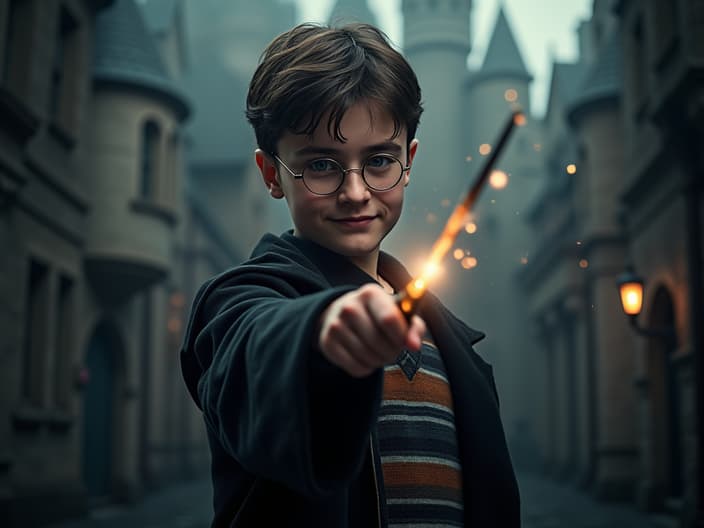 Studio portrait of Harry Potter, magical ambiance, wand in hand, Hogwarts backdrop, cinematic lighting