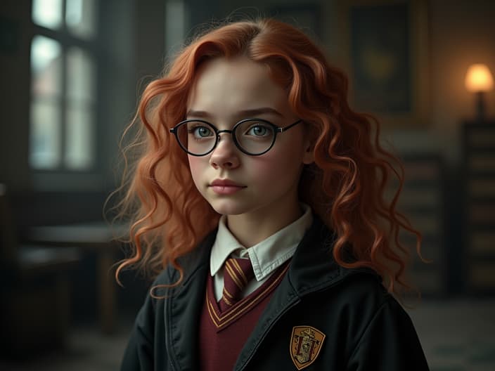 Studio portrait of Hermione Granger, determined pose, glasses, Hogwarts backdrop, cinematic lighting