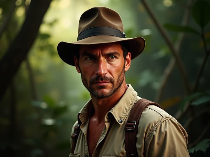 Studio portrait of Indiana Jones, adventurer pose, fedora, jungle backdrop, cinematic lighting