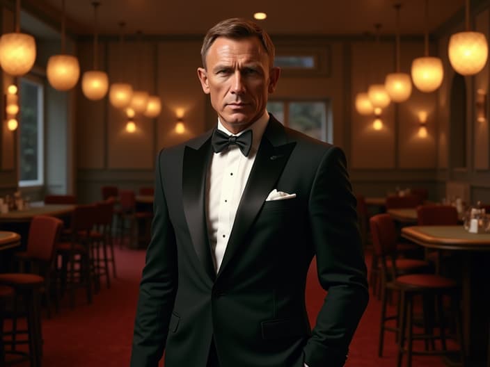 Studio portrait of James Bond, suave pose, tuxedo, casino backdrop, cinematic lighting