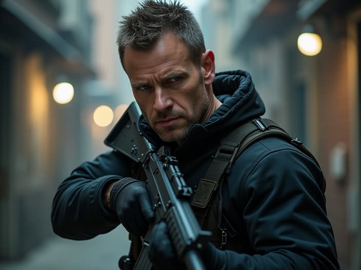 Studio portrait of Jason Bourne, action pose, combat gear, urban backdrop, cinematic lighting