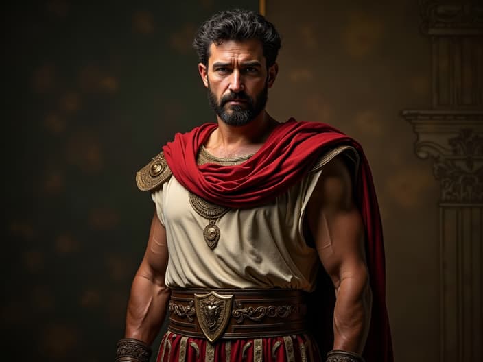 Studio portrait of Julius Caesar, imperial pose, Roman toga, ancient Rome backdrop, dramatic lighting