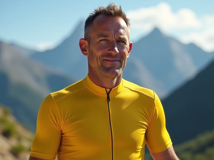 Studio portrait of Lance Armstrong, cycling pose, yellow jersey, mountain backdrop, cinematic lighting