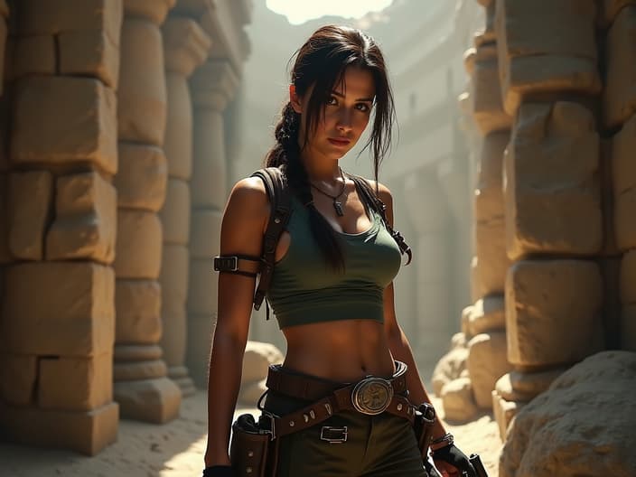 Studio portrait of Lara Croft, adventurer pose, tomb raider outfit, ancient ruins backdrop, cinematic lighting