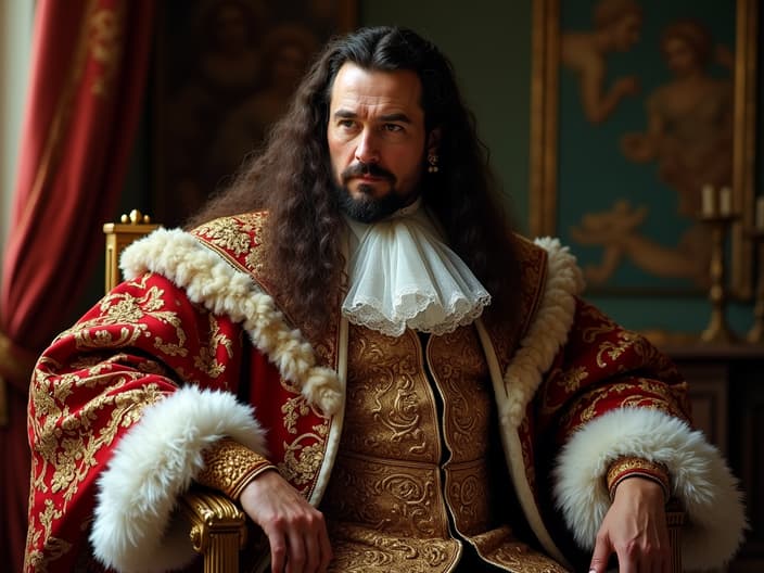 Studio portrait of Louis XIV, regal pose, ornate royal attire, Versailles backdrop, grand baroque lighting