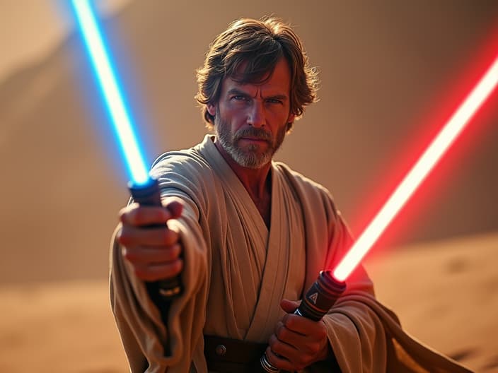 Studio portrait of Luke Skywalker, Jedi pose, lightsaber in hand, Tatooine backdrop, cinematic lighting