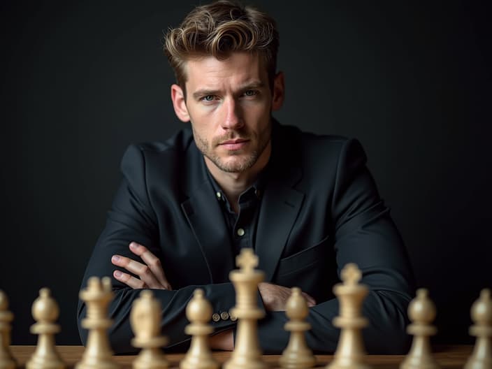 Studio portrait of Magnus Carlsen, chess pose, chess board backdrop, cinematic lighting