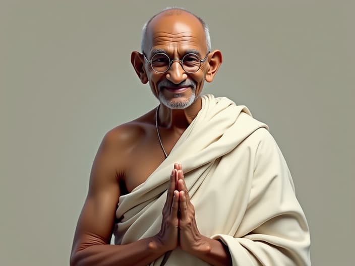 Studio portrait of Mahatma Gandhi, peaceful pose, traditional Indian clothing, simple background, natural lighting