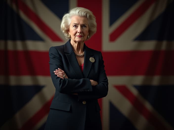 Studio portrait of Margaret Thatcher, powerful stance, professional suit, British flag backdrop, dramatic lighting