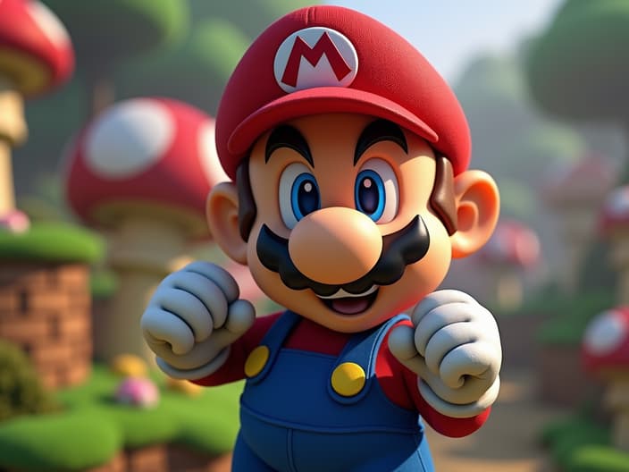 Studio portrait of Mario, action pose, red cap, Mushroom Kingdom backdrop, cinematic lighting