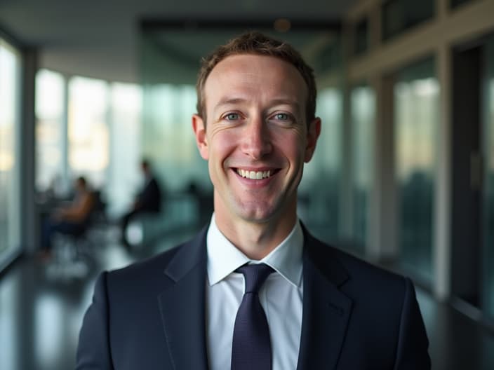 Studio portrait of Mark Zuckerberg, visionary pose, modern office setting, professional business attire, soft lighting