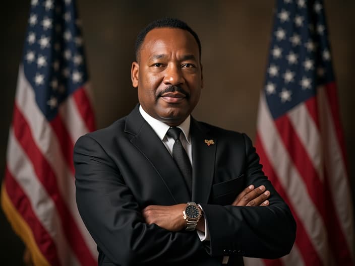 Studio portrait of Martin Luther King Jr., inspirational pose, formal attire, American flag backdrop, soft lighting