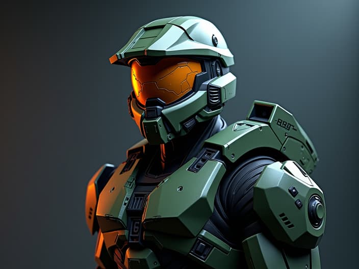 Studio portrait of Master Chief, Spartan armor, Halo backdrop, cinematic lighting