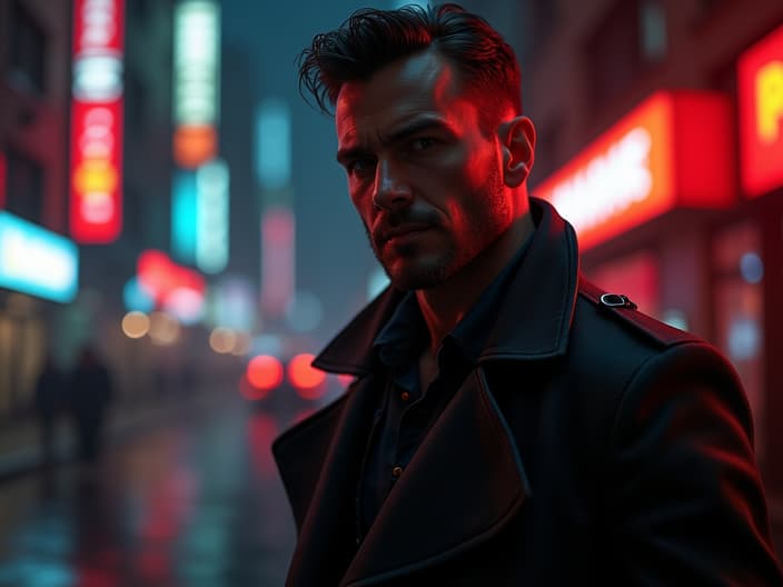 Studio portrait of Max Payne, detective pose, trench coat, neon city backdrop, cinematic lighting