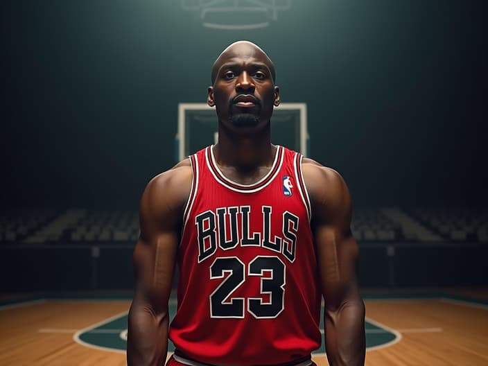 Studio portrait of Michael Jordan, basketball pose, jersey, basketball court backdrop, cinematic lighting