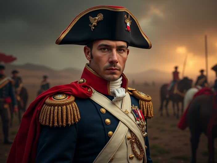 Studio portrait of Napoleon Bonaparte, iconic pose, military uniform, battlefield backdrop, dramatic historical lighting