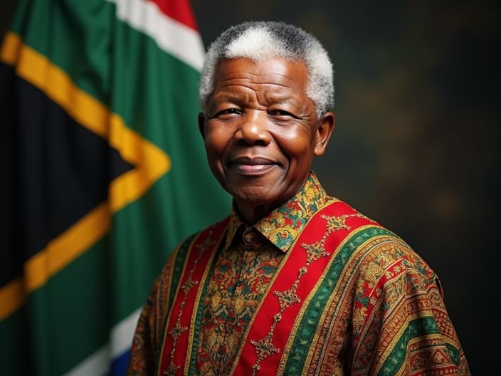 Studio portrait of Nelson Mandela, statesman pose, traditional clothing, South African flag backdrop, soft lighting