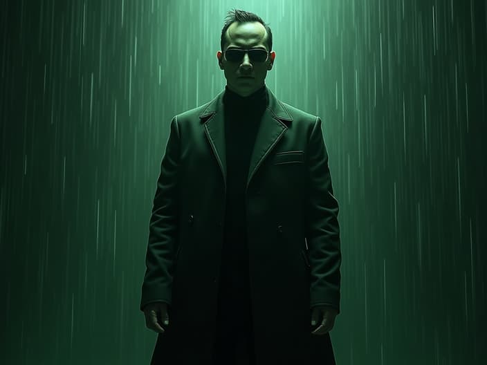 Studio portrait of Neo, Matrix-style pose, long coat, digital rain effect backdrop, cyberpunk lighting