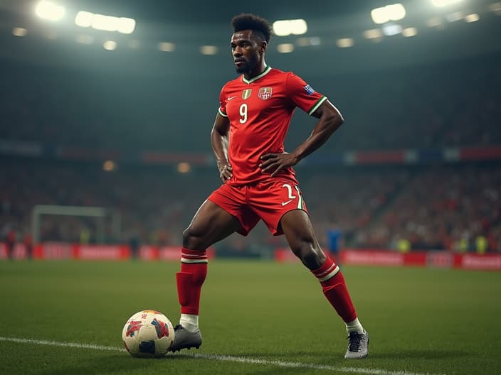 Studio portrait of Pelé, soccer pose, World Cup ball, soccer field backdrop, cinematic lighting