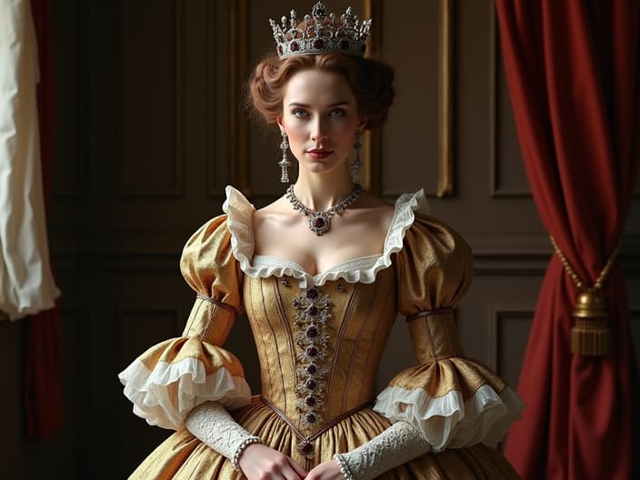 Studio portrait of Queen Elizabeth I, regal pose, elaborate Elizabethan gown, royal court backdrop, soft renaissance lighting