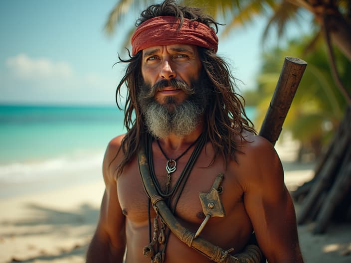 Studio portrait of Robinson Crusoe, castaway appearance, makeshift tools, tropical island backdrop, natural sunlight effect