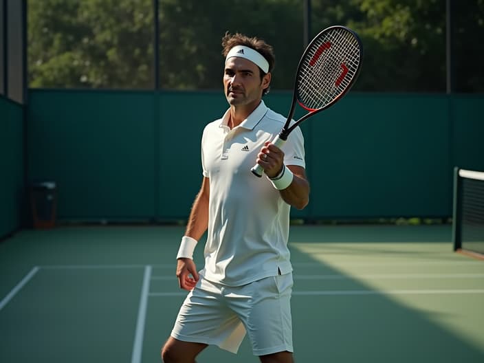 Studio portrait of Roger Federer, tennis pose, racket in hand, tennis court backdrop, cinematic lighting