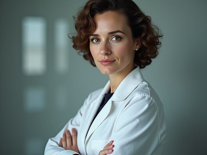 Studio portrait of Rosalind Franklin, scientist pose, lab coat, laboratory backdrop, soft lighting