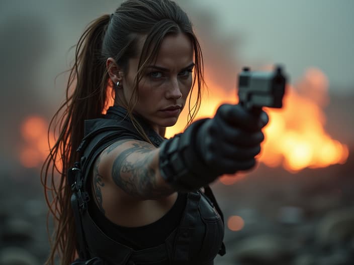 Studio portrait of Sarah Connor, action pose, combat gear, post-apocalyptic backdrop, intense cinematic lighting