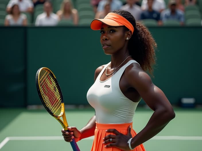 Studio portrait of Serena Williams, tennis pose, racket in hand, tennis court backdrop, cinematic lighting