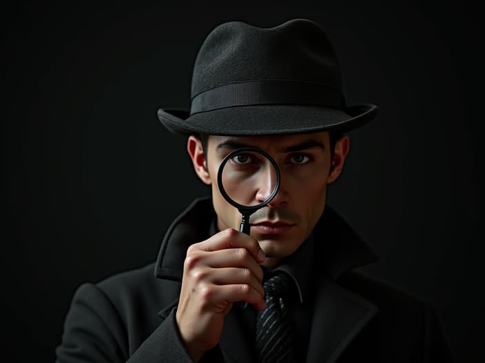 Studio portrait of Sherlock Holmes, detective pose, magnifying glass, Victorian era clothing, moody lighting