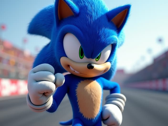 Studio portrait of Sonic the Hedgehog, action pose, blue outfit, racing track backdrop, cinematic lighting