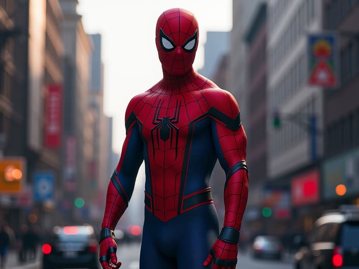 Studio portrait of Spider-Man, action pose, spider-themed suit, cityscape backdrop, cinematic lighting