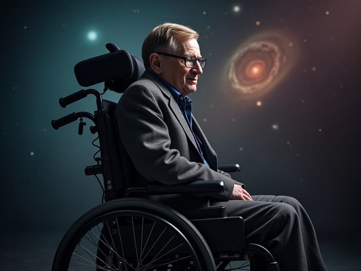 Studio portrait of Stephen Hawking, contemplative pose, wheelchair, cosmic backdrop, soft lighting