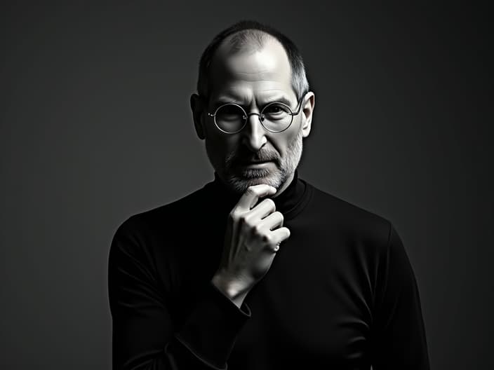 Studio portrait of Steve Jobs, visionary pose, minimalist background, iconic black turtleneck, dramatic tech-inspired lighting