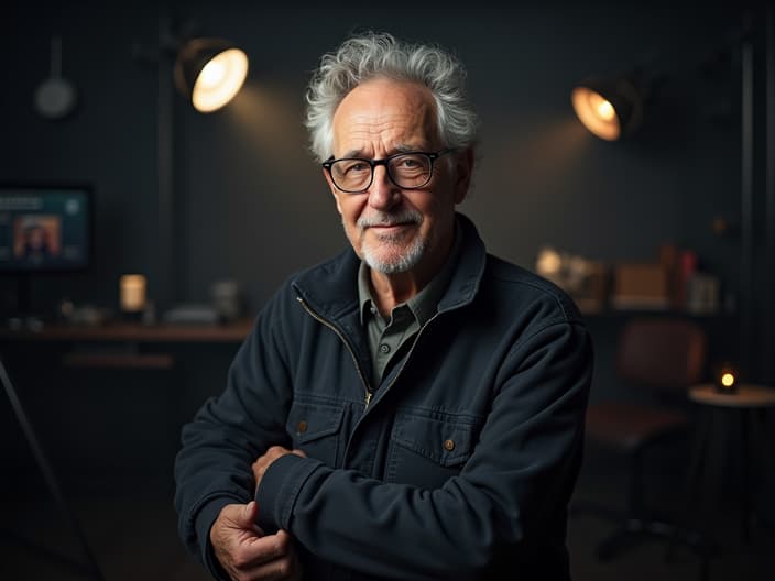 Studio portrait of Steven Spielberg, director's pose, film set background, casual director's attire, cinematic lighting