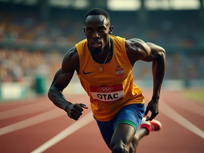 Studio portrait of Usain Bolt, running pose, Olympic medal, track backdrop, cinematic lighting