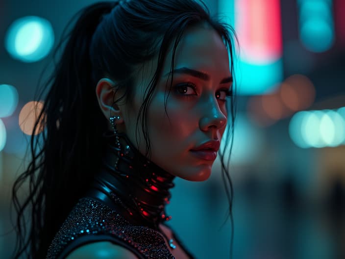 Studio portrait of V, cybernetic enhancements, Night City backdrop, cinematic lighting