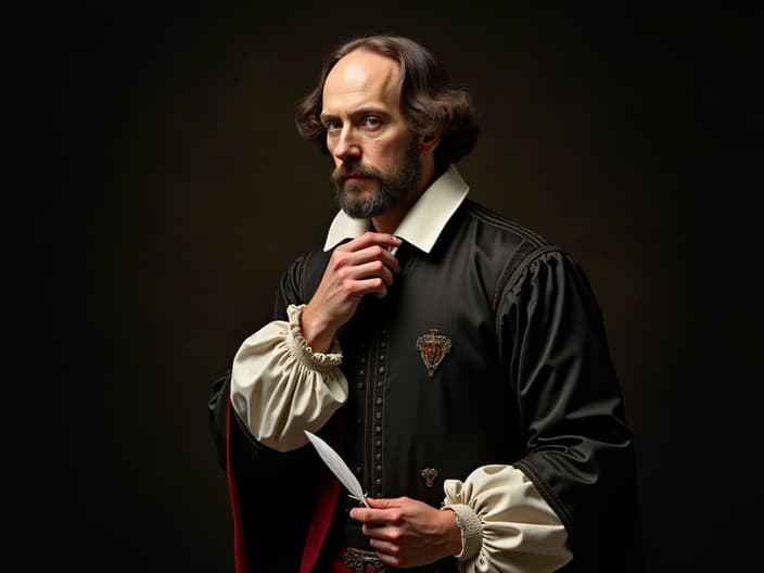 Studio portrait of William Shakespeare, contemplative pose, quill in hand, Elizabethan era clothing, soft theatrical lighting