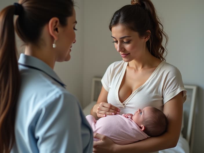 Studio portrait of a breastfeeding woman, with a lactation consultant nearby