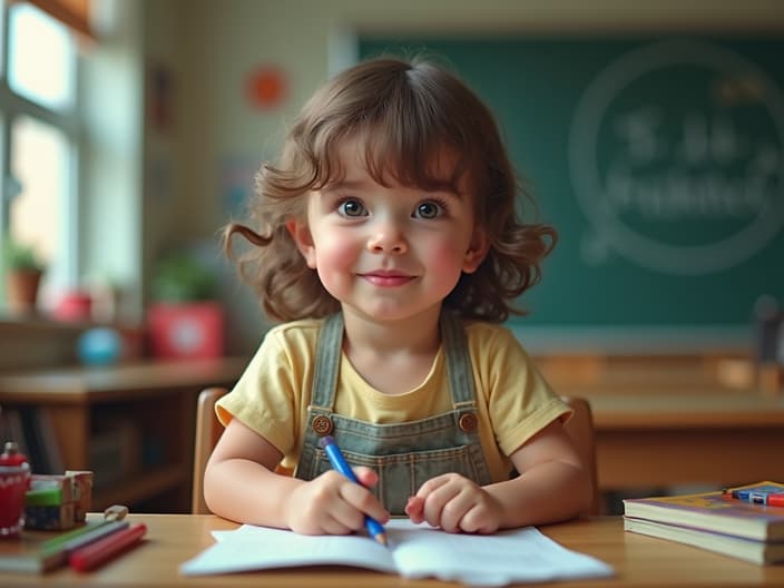 Studio portrait of a child in a classroom, surrounded by school supplies